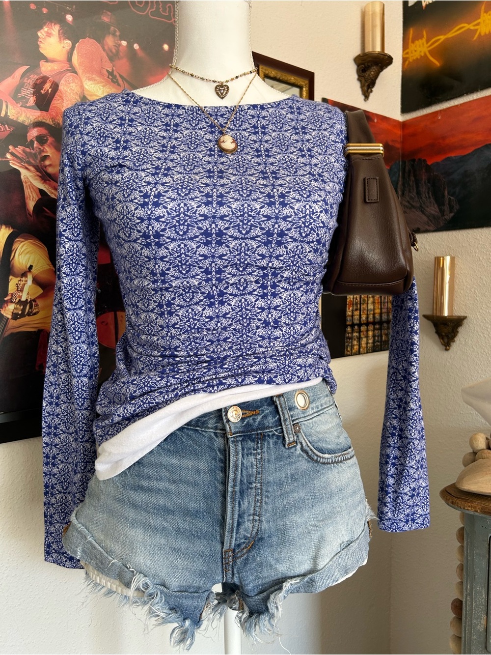 Y2K Indie Pop Long Sleeve Top Women Small Stretch Retro Mediterranean Folk Boho